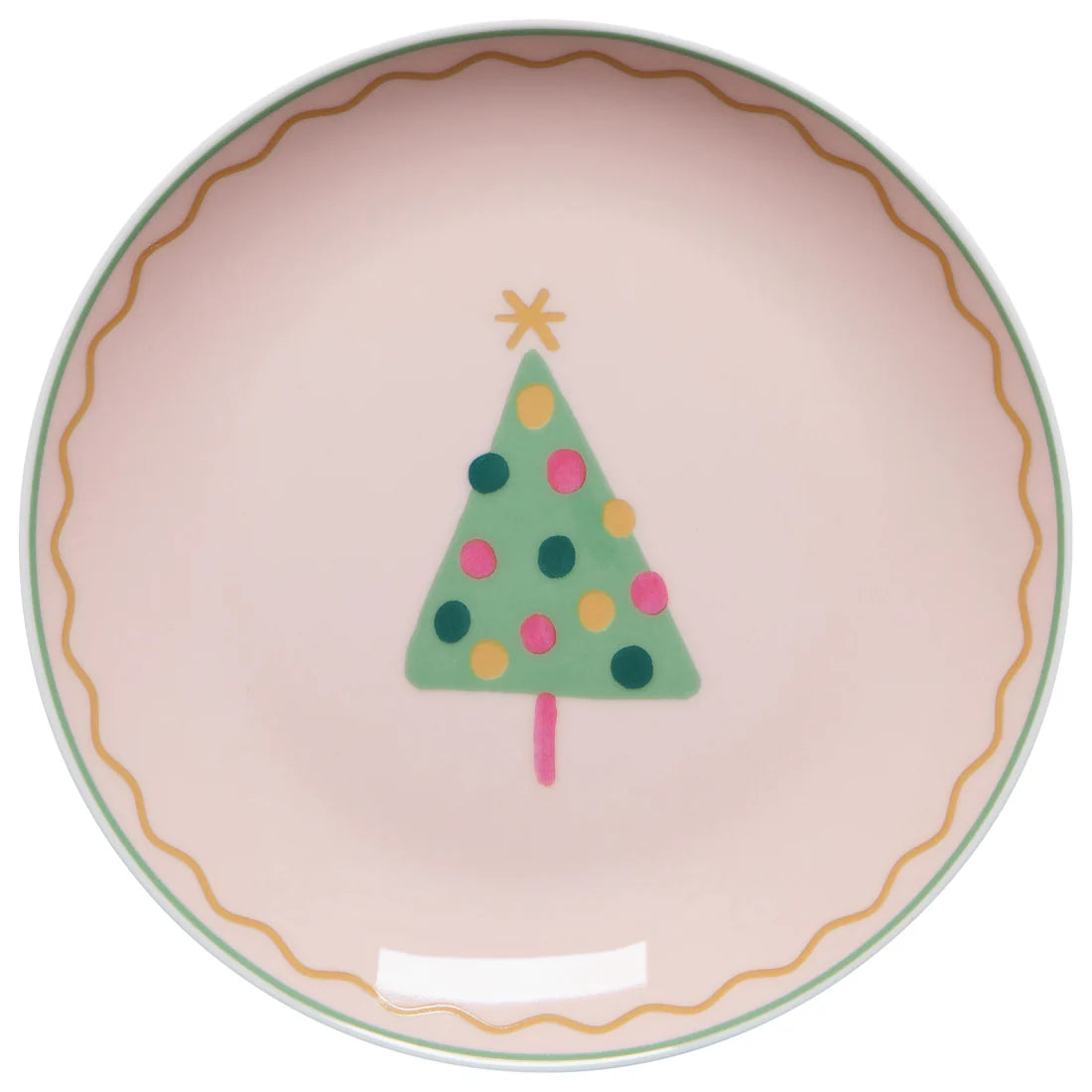 pink appetizer plate with green tree with colorful dots on it in the center.