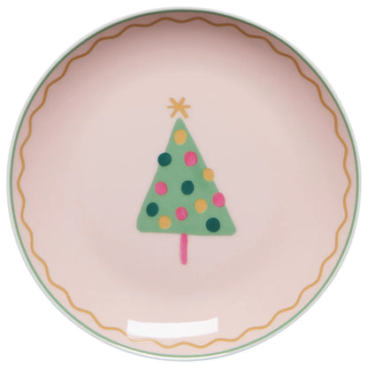 pink appetizer plate with green tree with colorful dots on it in the center.