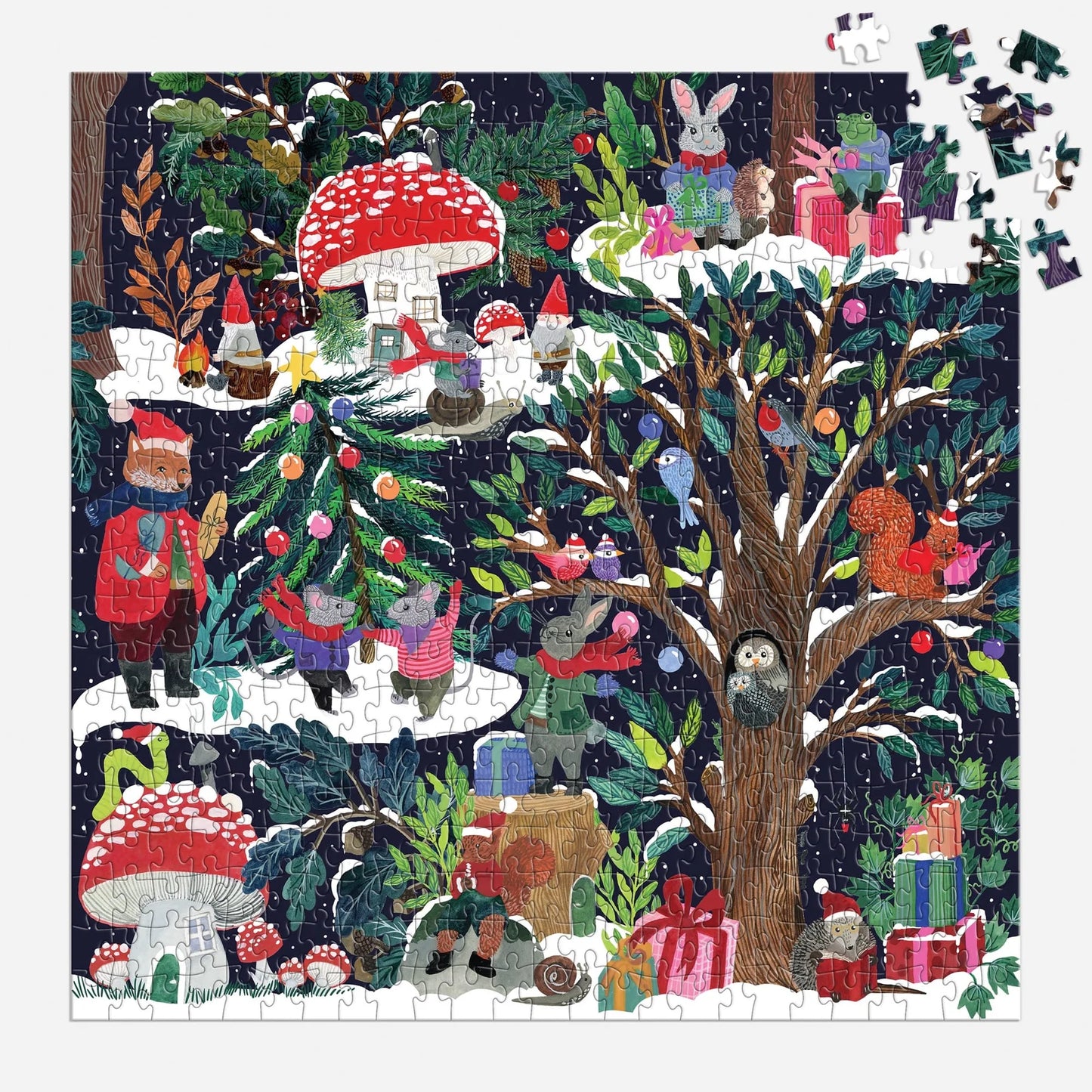 Completed yuletide forest puzzle with several puzzle pieces scattered about in the corner.