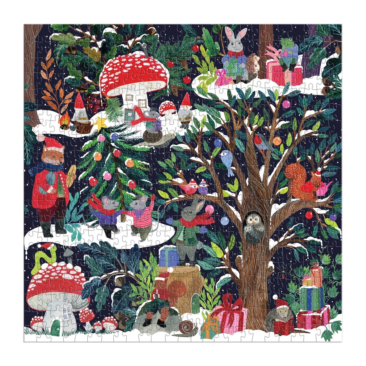 Completed puzzle shows image of forest animals in a colorful forest.