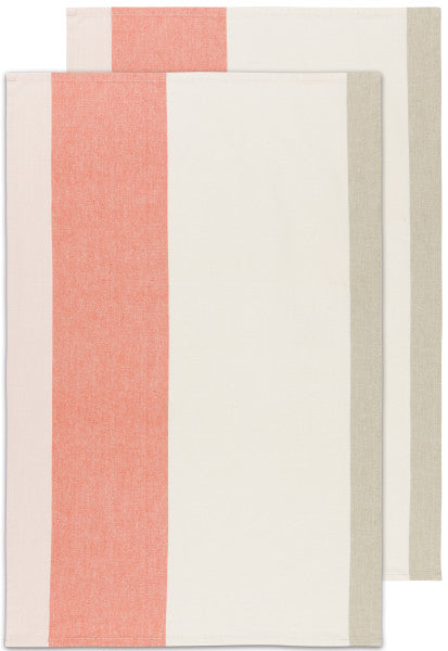 knoll Formation Dishtowels with bands of off-white and coral.
