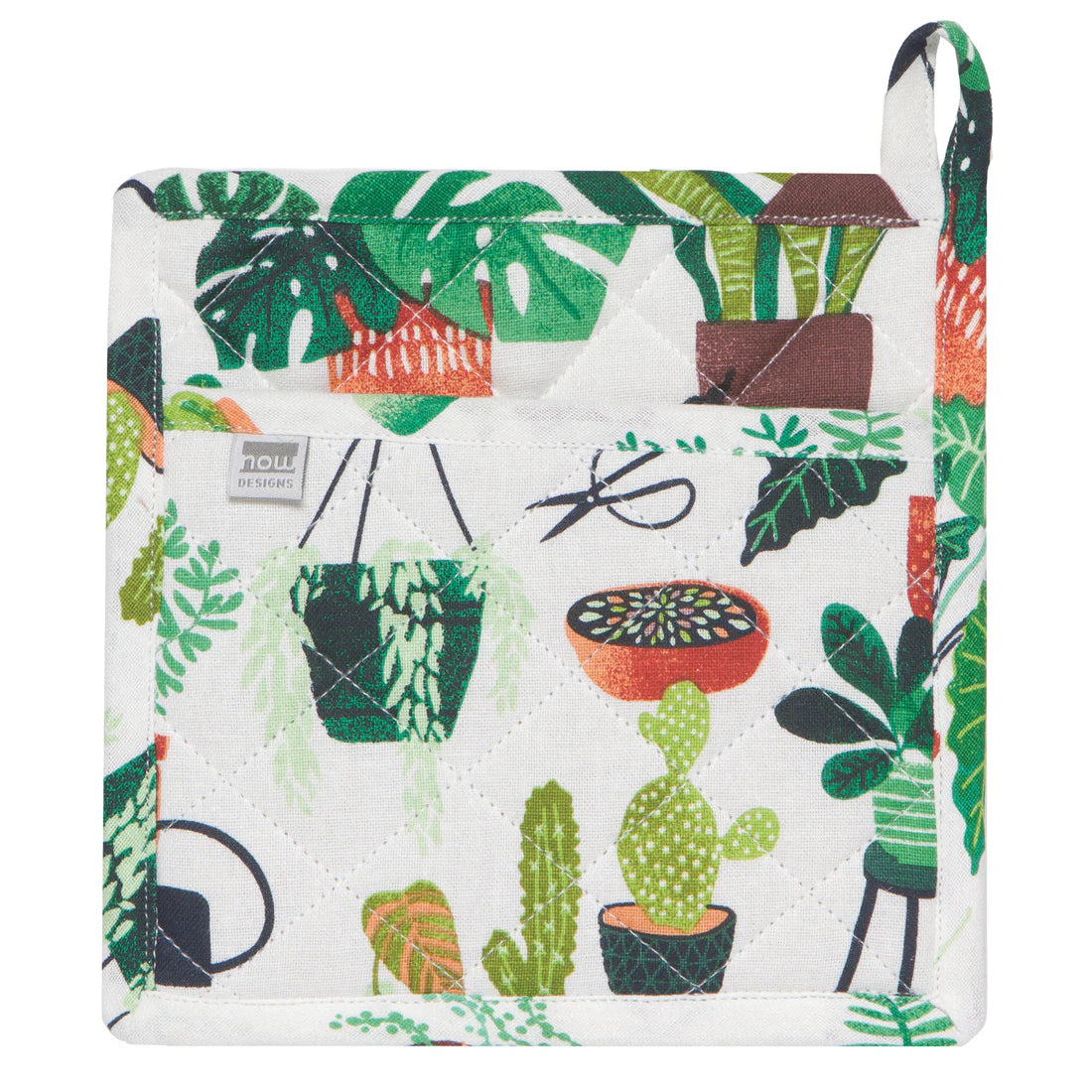 white pot holder printed with potted plant design.