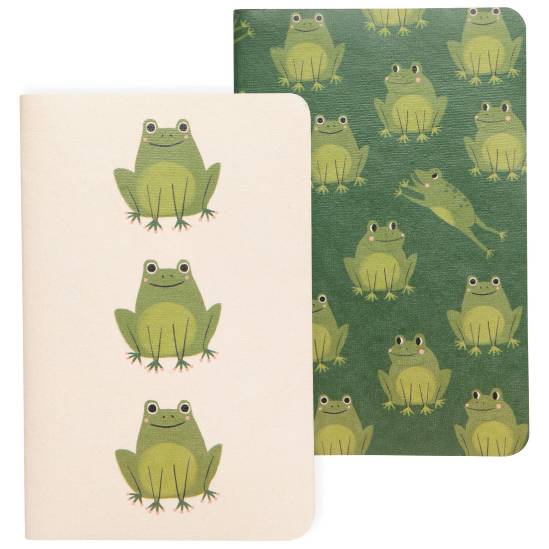 tan note book with 3 green frogs printed on it and a green notebook with multiple lime green frogs printed on it