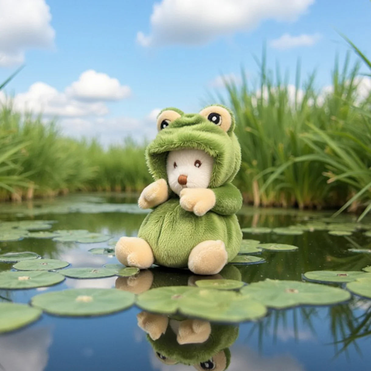 Plush frog toy on lily pads with grass and sky in the background