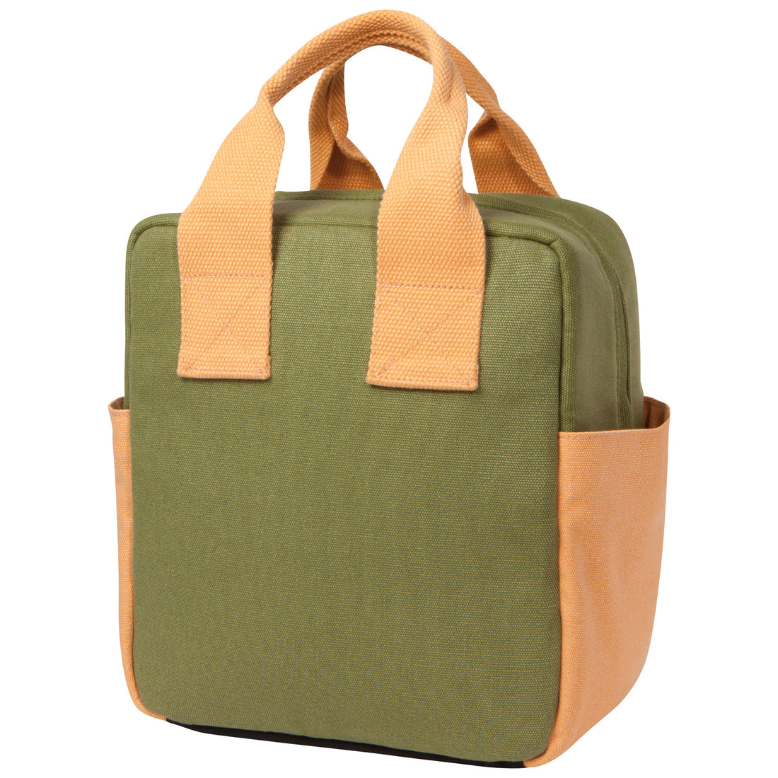 olive green lunch tote with orange handles