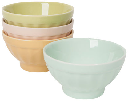 stack of ice cream bowls, one each of pastel orange, pink, green, and blue.