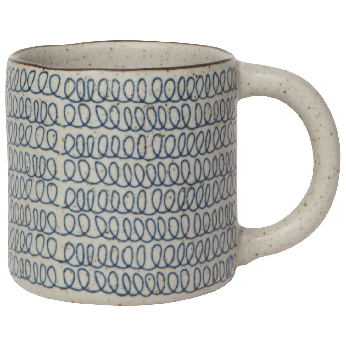 A ceramic mug with a geometric scribble pattern in blue and white colors.