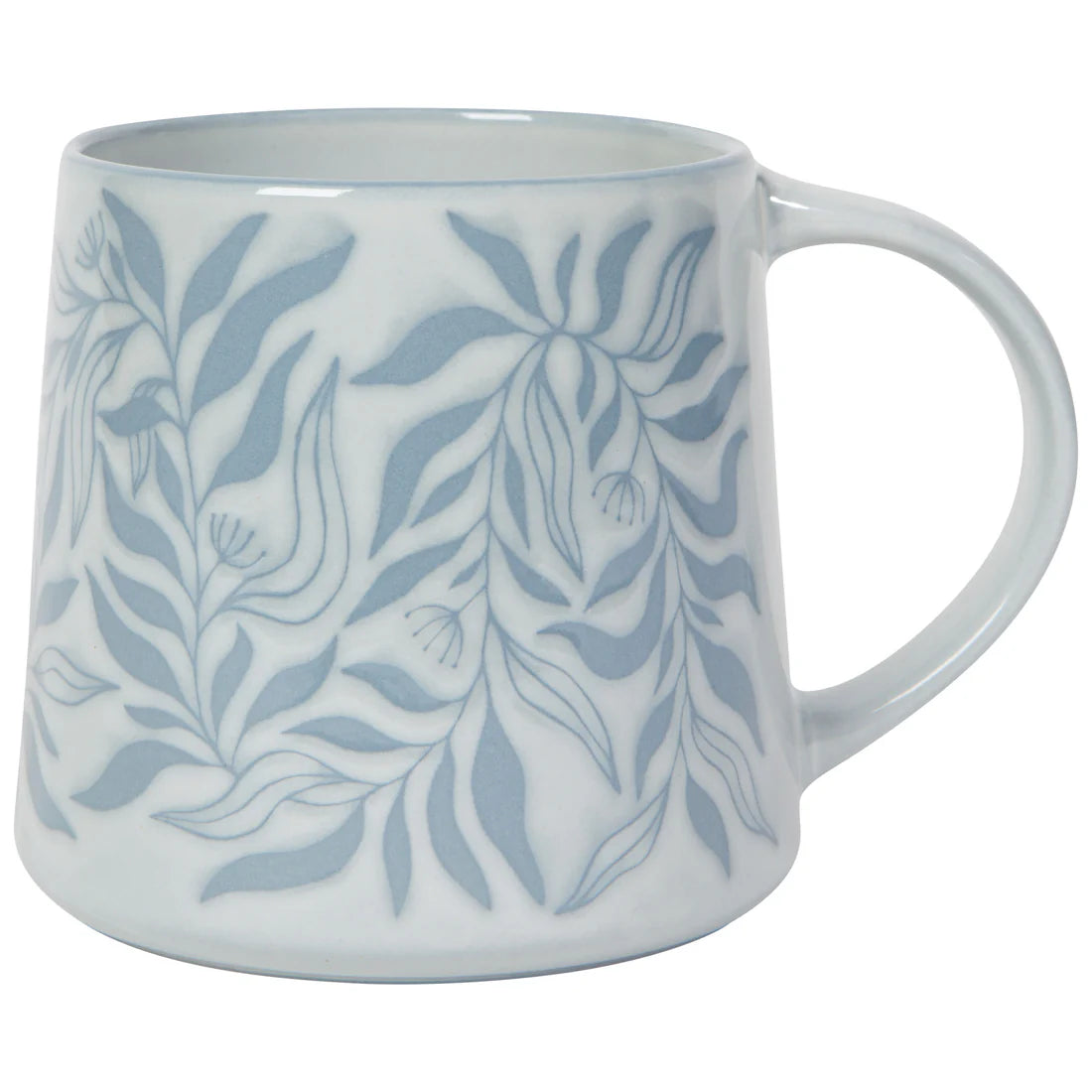 White mug with blue leaf pattern on a white background