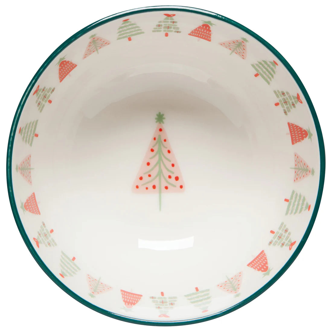 topv iew of bowl with red and green tree around the perimeter and a pink tree in the center bottom.