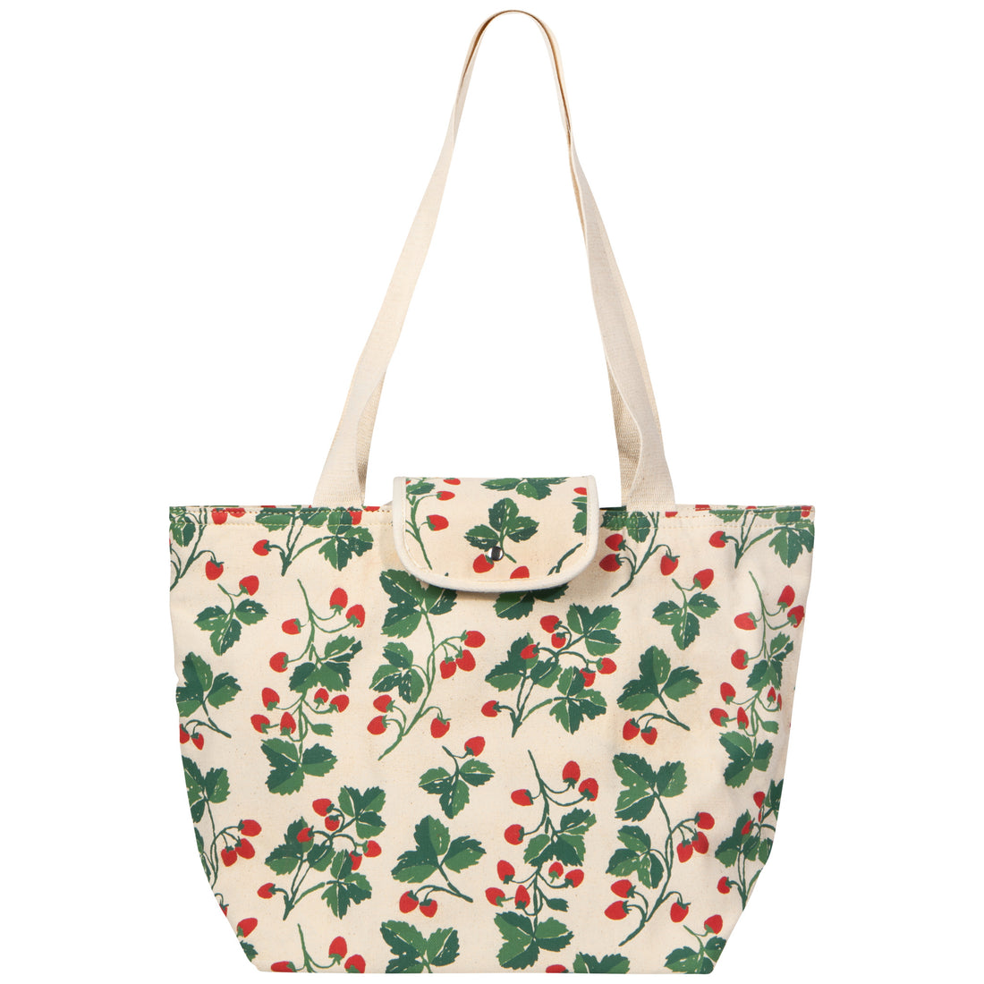 tan tote bag covered with red berry sprigs