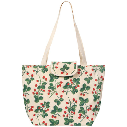 tan tote bag covered with red berry sprigs