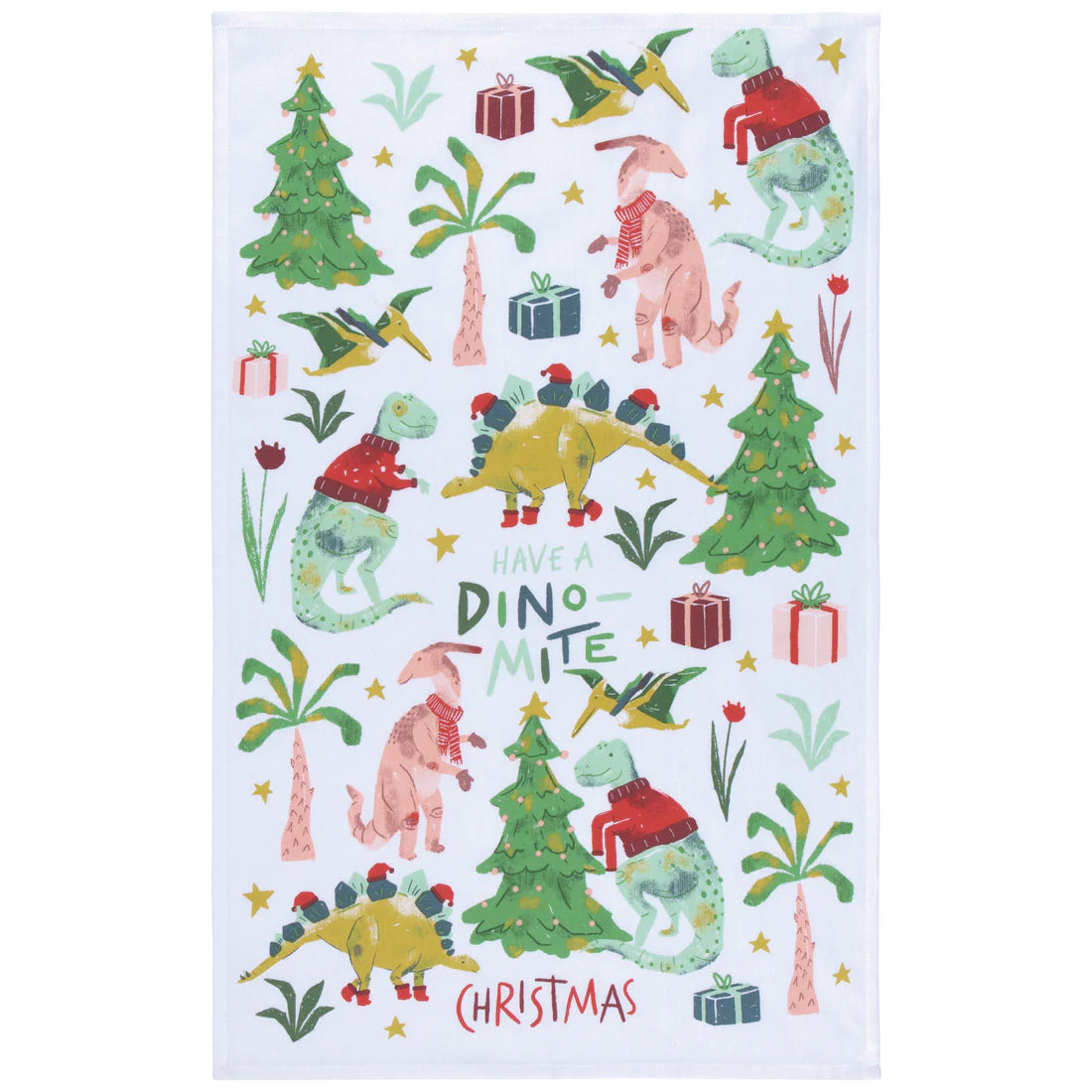 white towel with graphics of dinosaurs, christmas trees, and gifts.