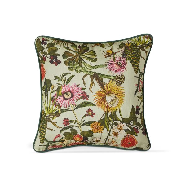 pillow printed with vintage floral design and emerald piping.