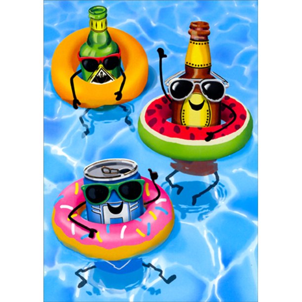 front of card is a drawing of a pool with floaties holding beer bottles wearing sunglasses
