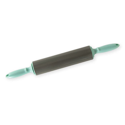 non-stick rolling pin with teal handles.