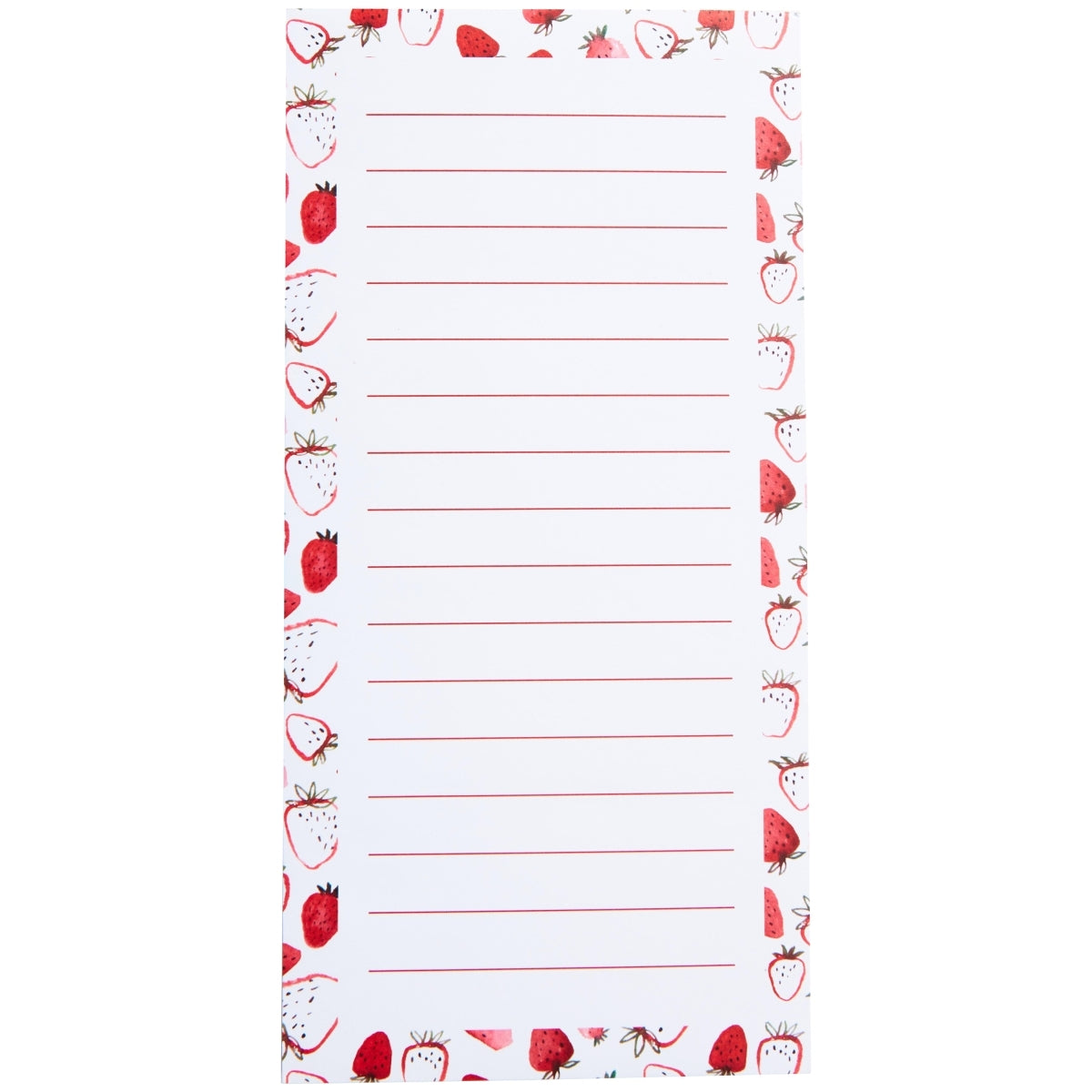 white notepad with lined pages and red and pink strawberry boarder.