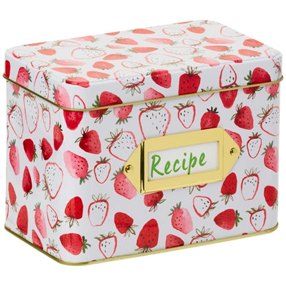 white tin box with red and pink strawberry pattern and a gold plate holding a "recipe" tag.