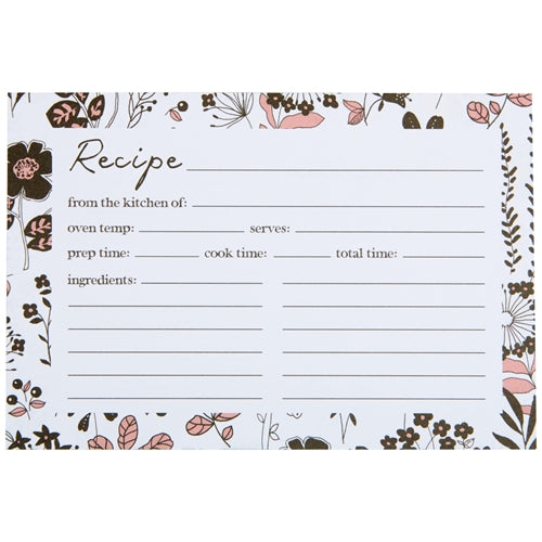 recipe card with black and blush floral boarded.