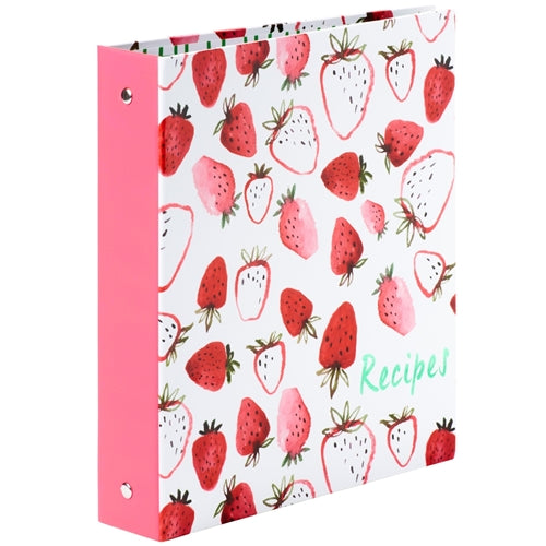 side angle view of recipe book with red and pink strawberry pattern on the front cover and a pink spine.