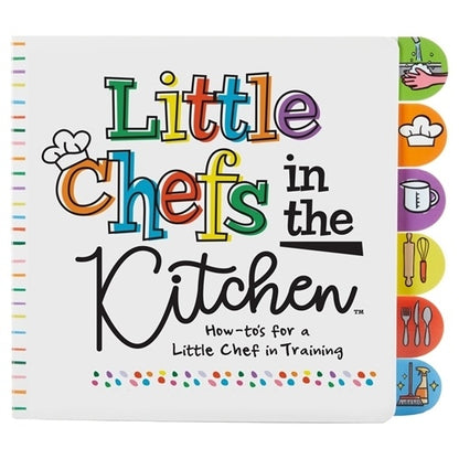 front cover of little chefs in the kitchen tab board book is white with the title in colorful colors on a white background