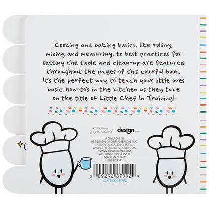 back view of little chefs in the kitchen tab board book with text and two drawings of eggs with chefs hat 