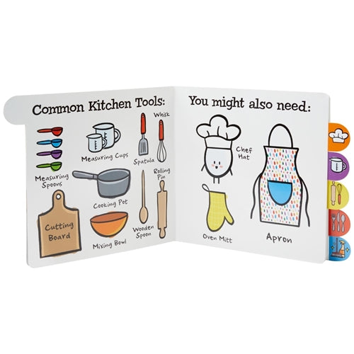 inside view of little chefs in the kitchen tab board book has drawings of cooking utensil and oven mitt and apron displayed on a white background