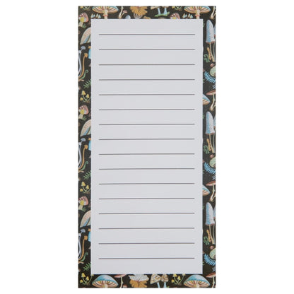 notepad with white lined page and black boarder with mushroom artwork.