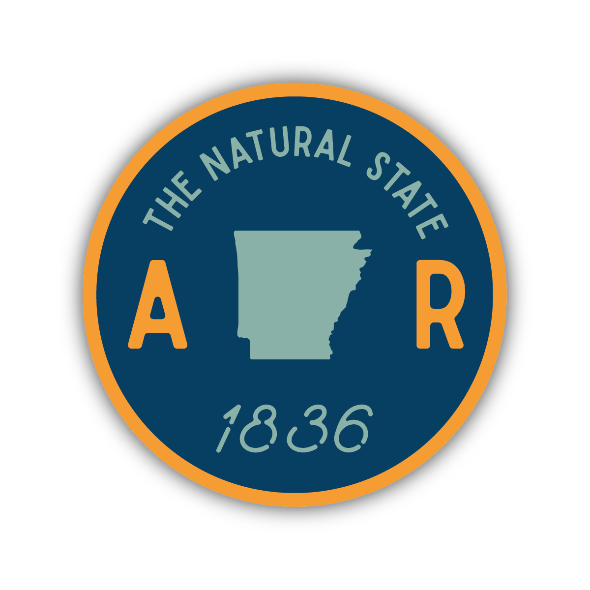 sticker on white background. round sticker has blue background and  shape of arkansas in center. "the natural state 1836" is written around the edge.