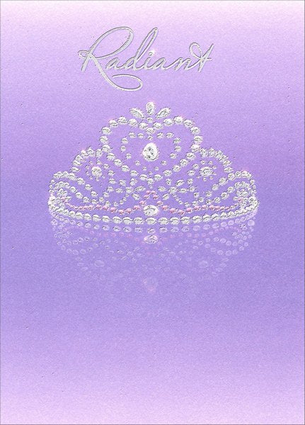 front of card is purple with a drawing of a diamond crown and the front text in white
