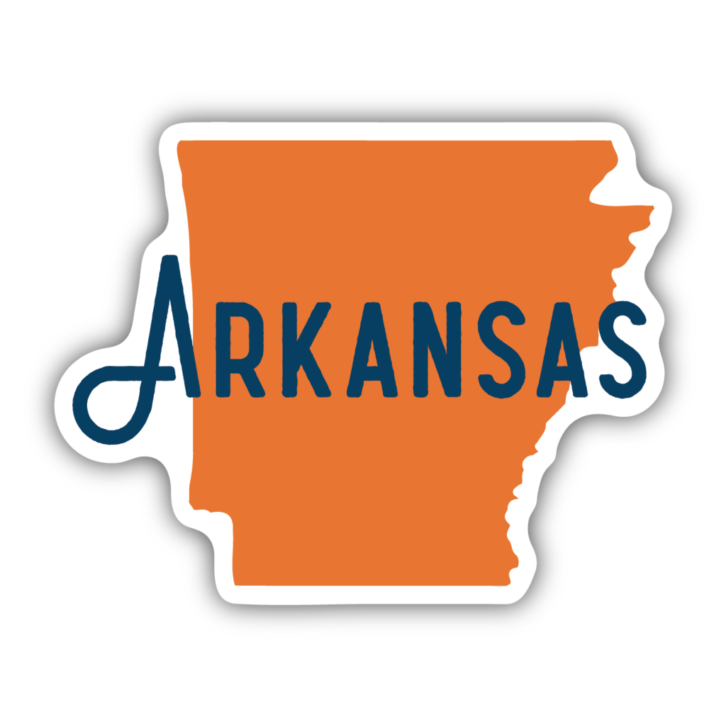 sticker on white background. sticker has shape of arkansas in orange with "arkansas" in blue across the center.