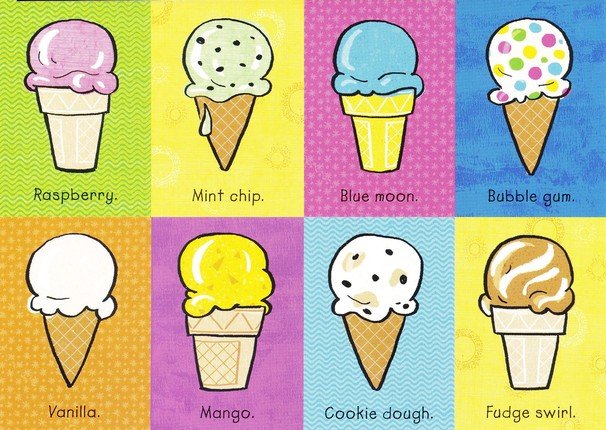 two pages inside with multiple flavors of ice cream cones