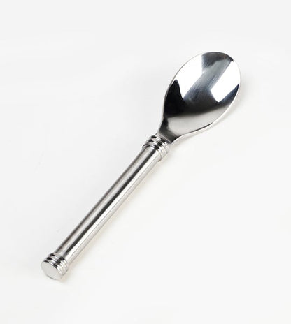 stainless steel spoon angled on white background.