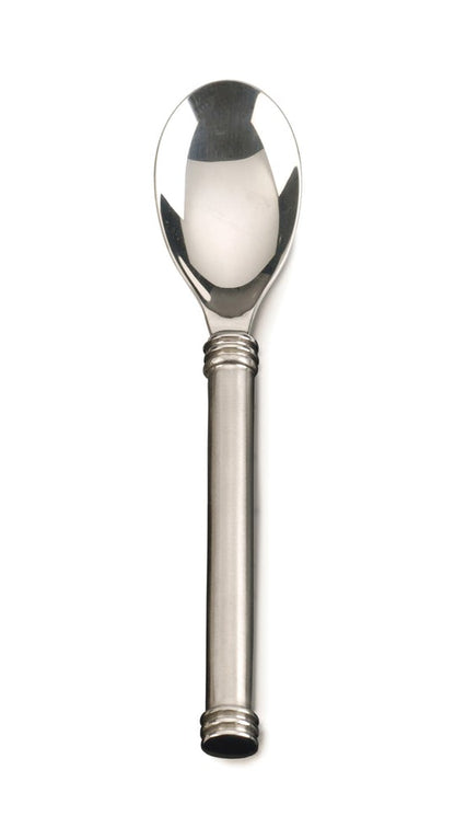 stainless steel spoon vertical on white background.