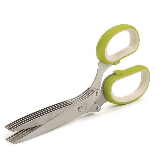 herb scissors with green and white handles on a white background