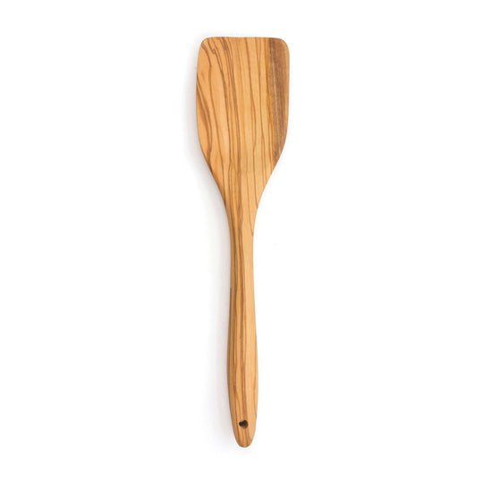 olive wood spatula has a squared end displayed on a white background
