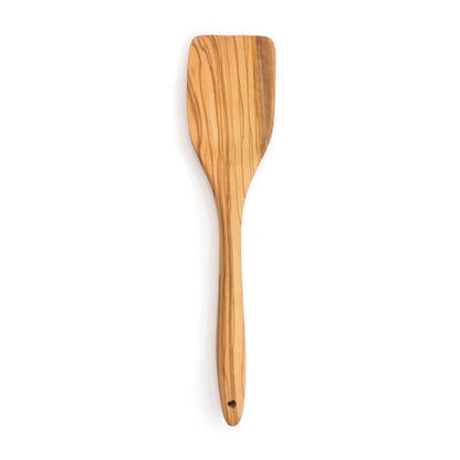 olive wood spatula has a squared end displayed on a white background