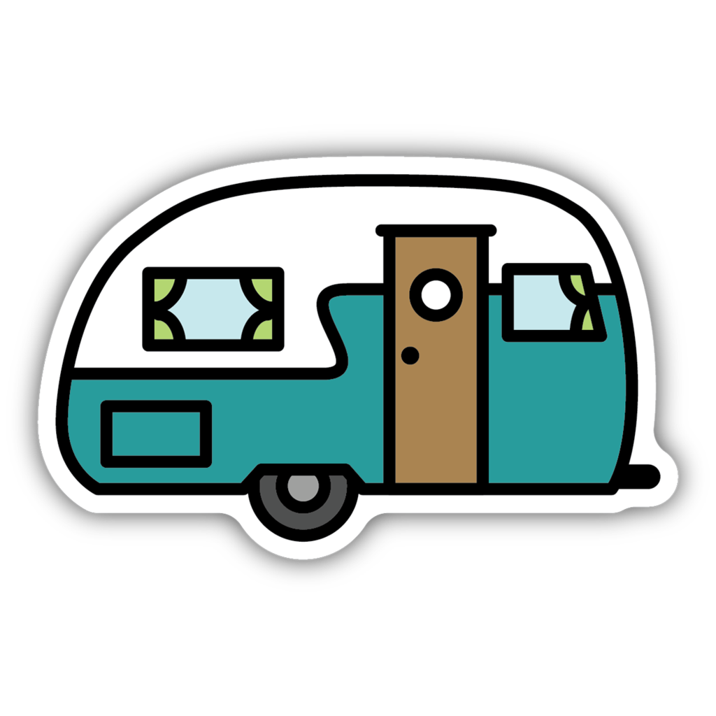 sticker on white background. sticker has graphic of teal and white camper with green curtains and brown door.
