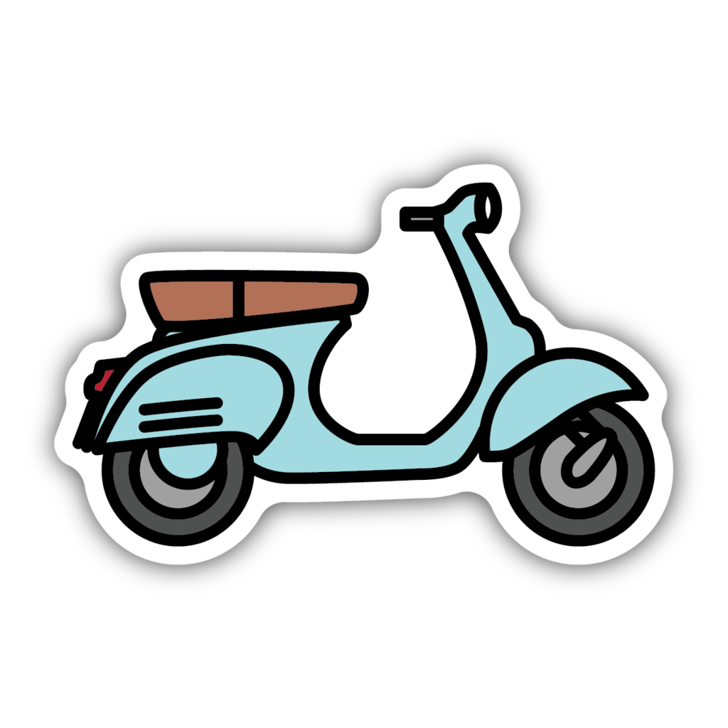 sticker on white background. sticker has graphic of light blue scooter.