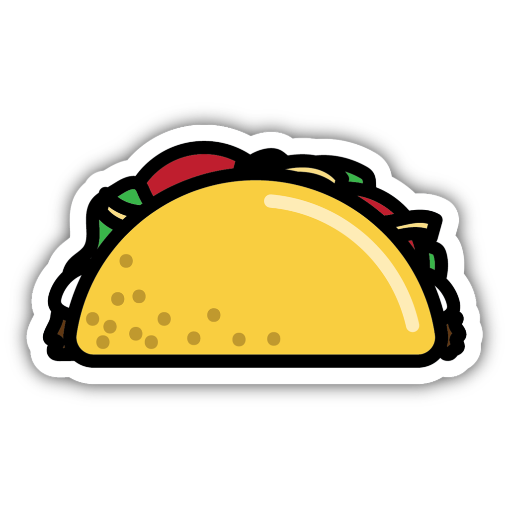 sticker on white background. sticker has graphic of loaded taco.