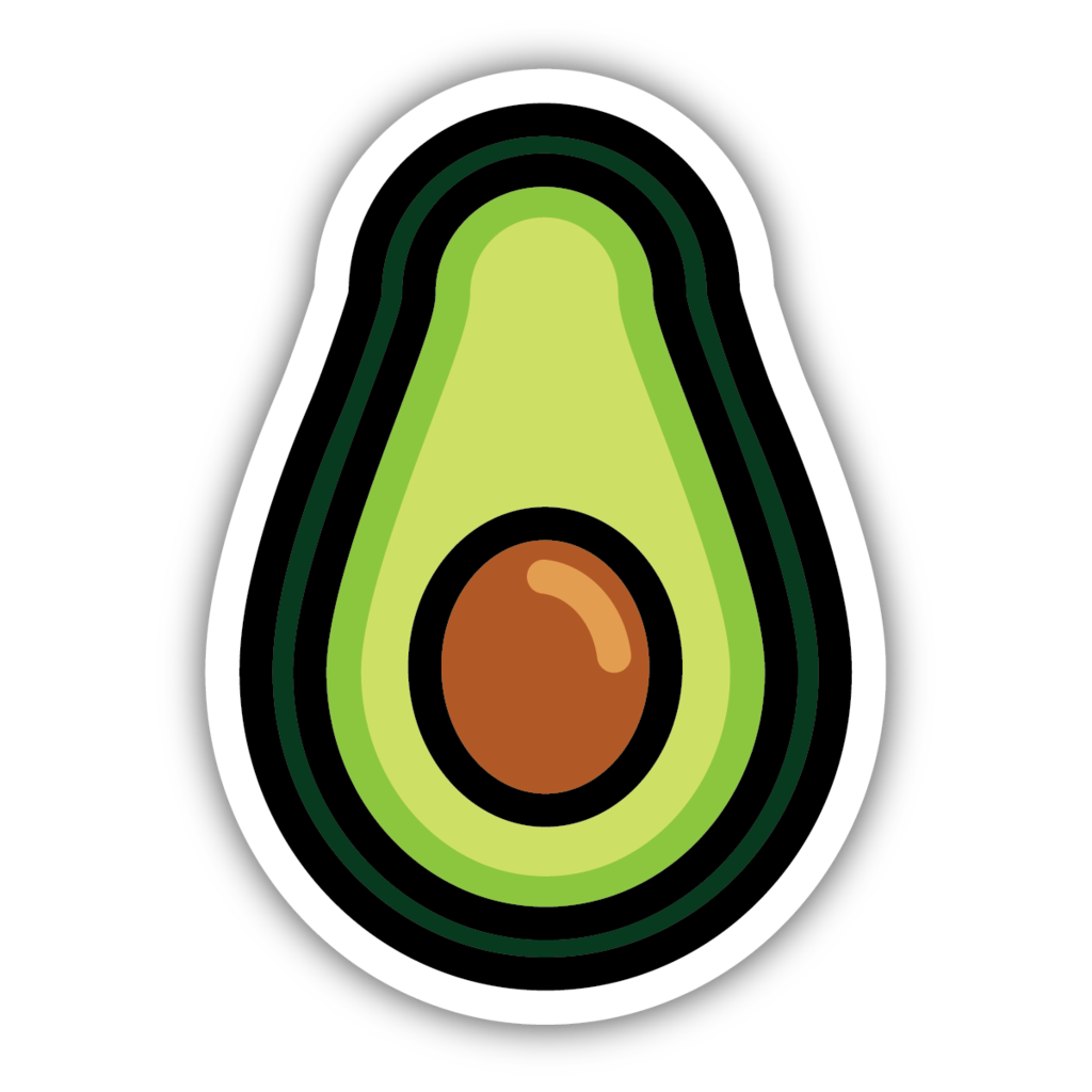 sticker on white background. sticker is avocado in various shades of green cut in half showing the pit.