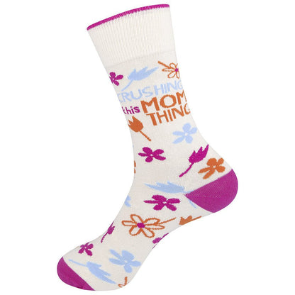left view of crushing this mom thing socks on a white background