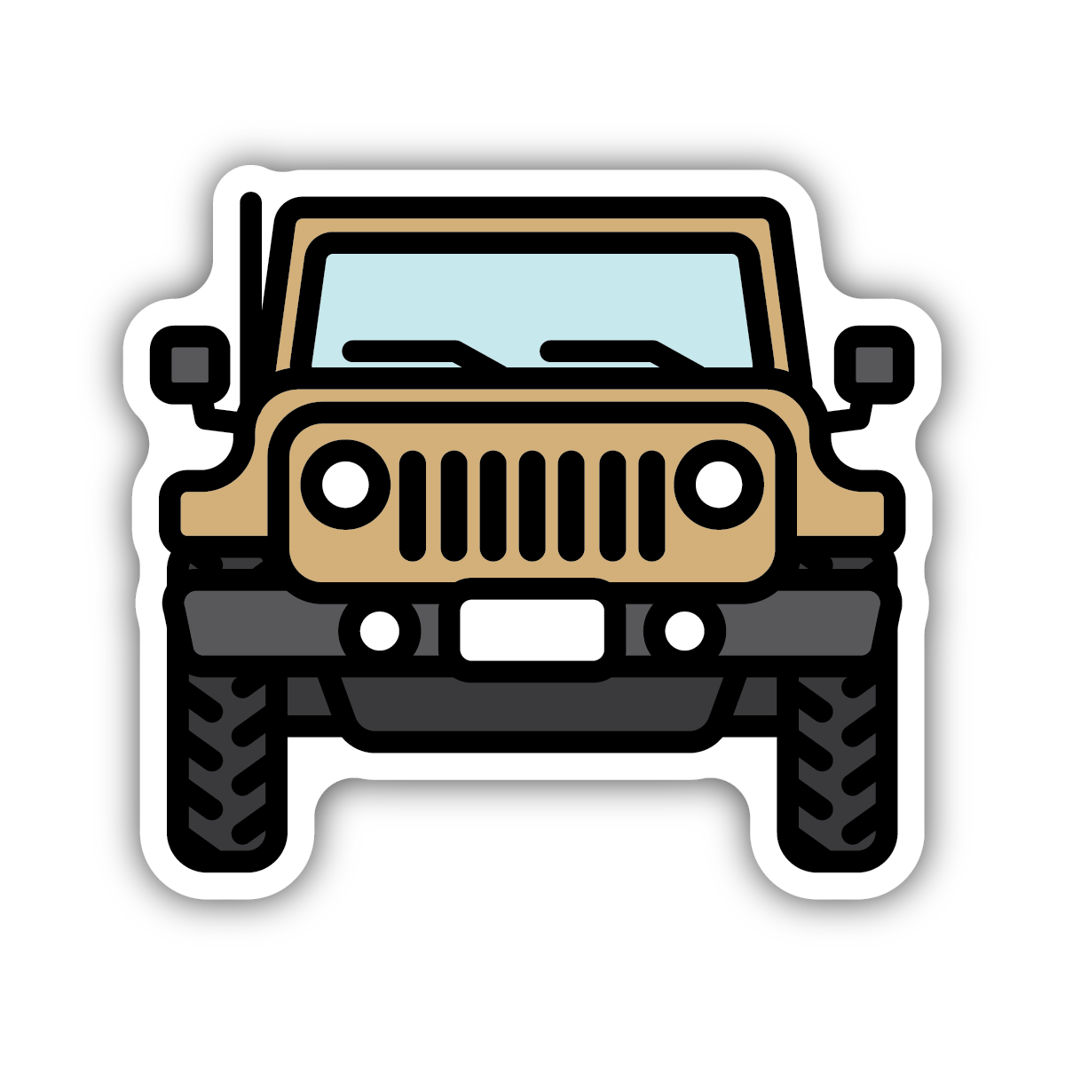 sticker on white background. sticker has graphic of the front of a beige jeep.