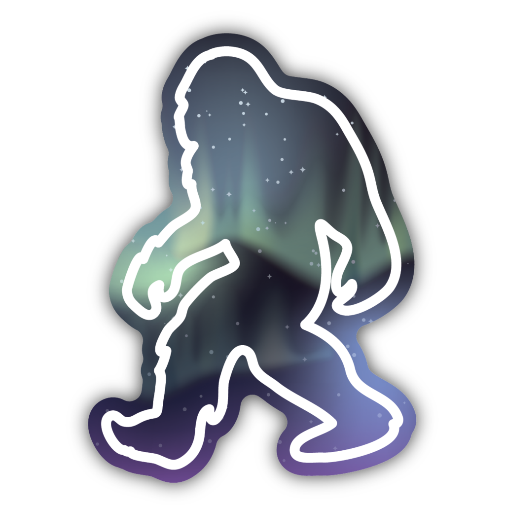 sticker on white background. sticker has graphic of sasquatch outline with night sky in the background.