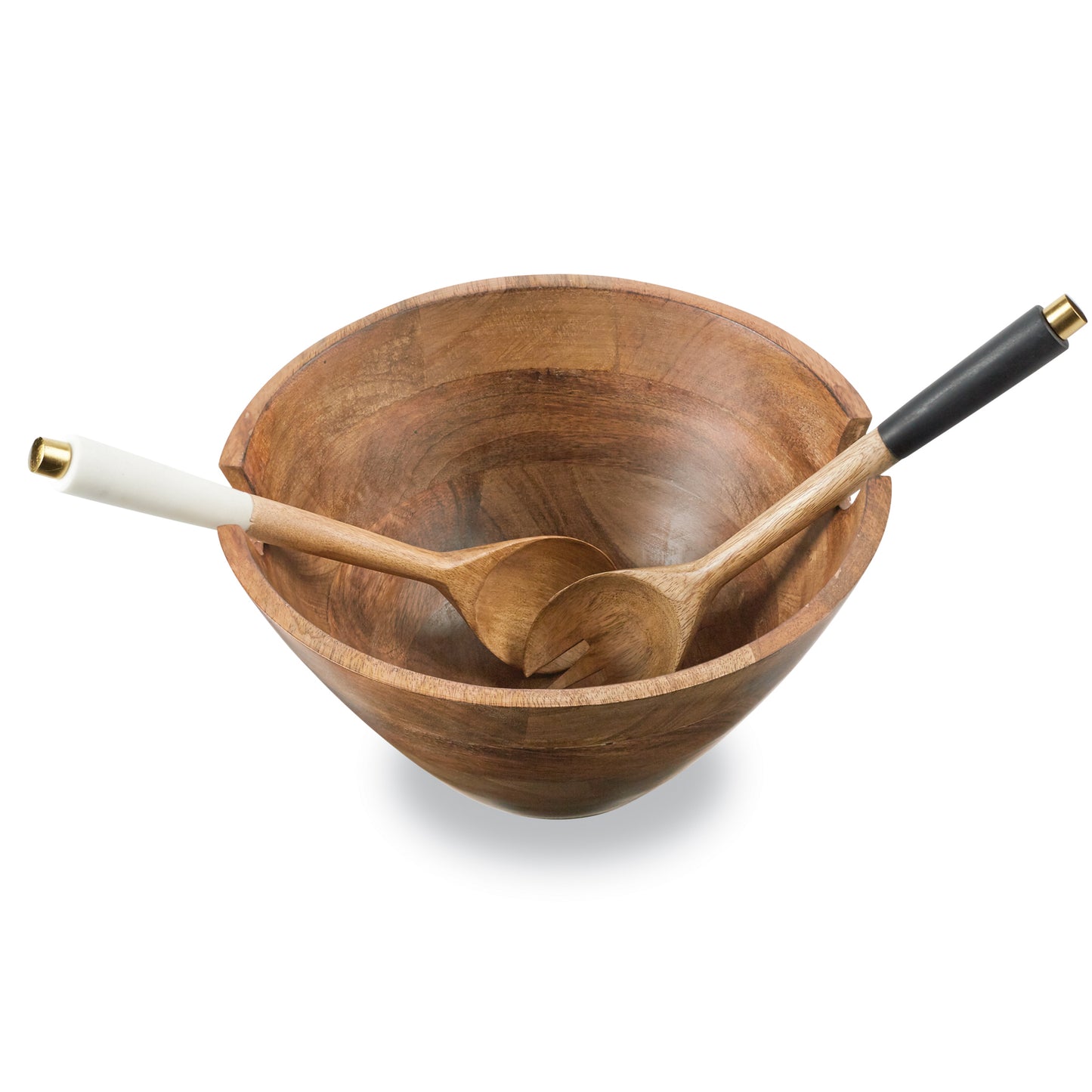 wooden serving bowl and utensil set on a white background