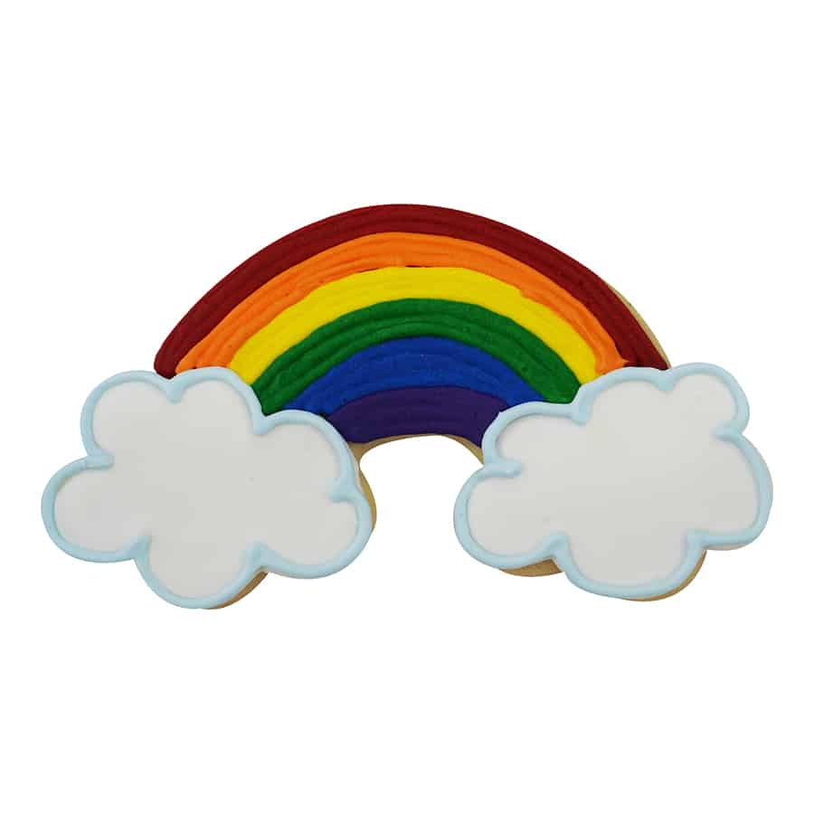 rainbow with clouds on each end shaped cookie iced with bright rainbow color icing and white icing on clouds.