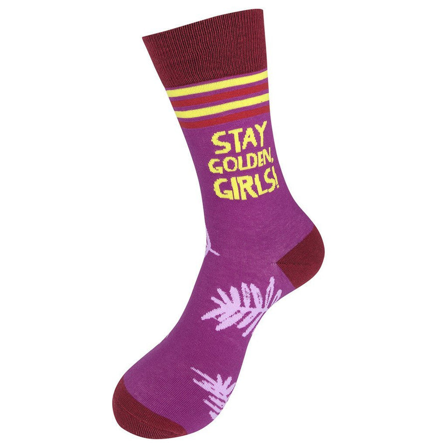 left view of stay golden socks on a white background