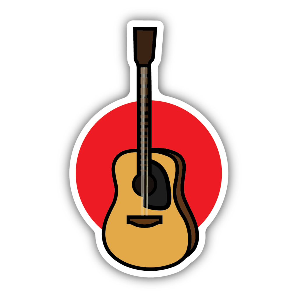 sticker on white background. sticker is guitar with red circle behind it.