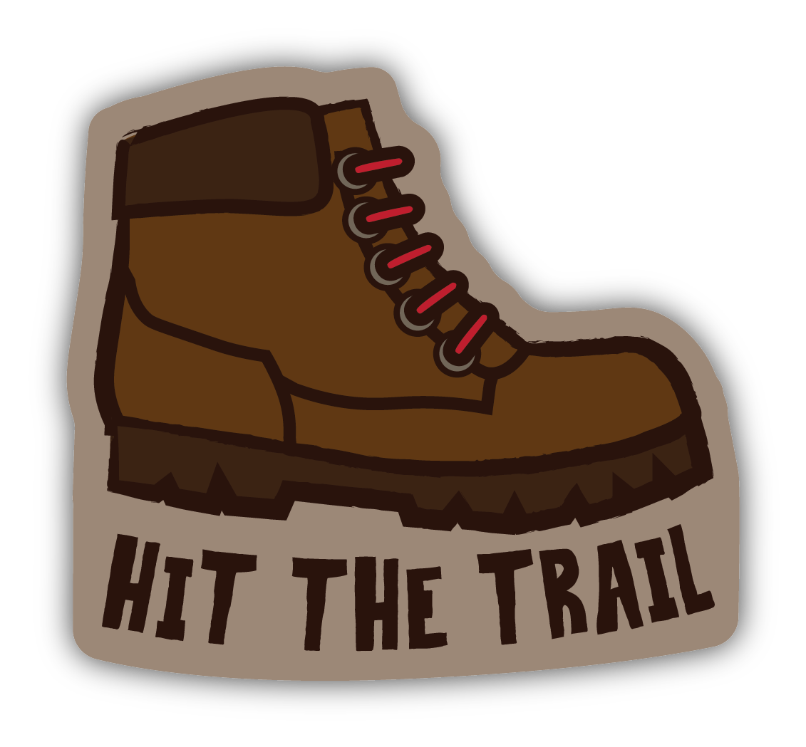 sticker on white background. sticker has graphic of hiking boot and "hit the trail" along the bottom.