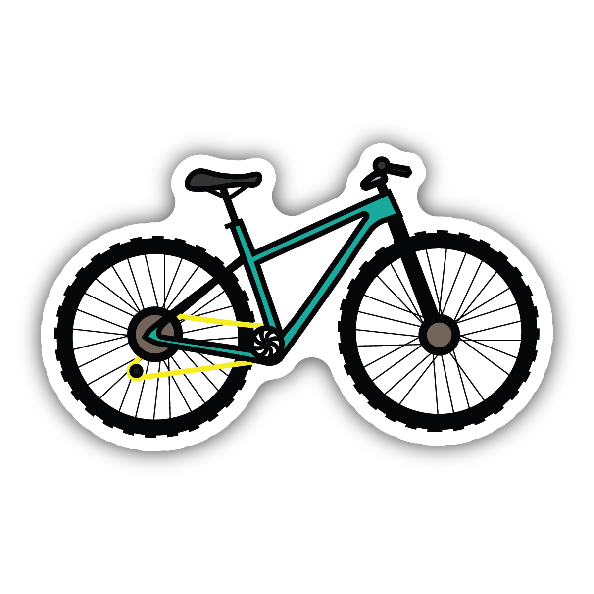 sticker on white background. sticker has graphic of teal bicycle with chunky wheels.