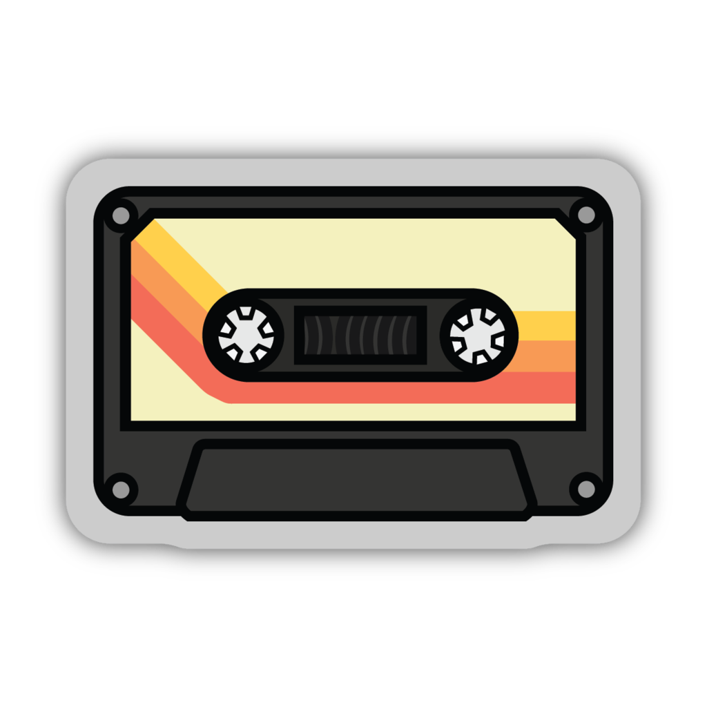 sticker on white background. sticker has graphic of retro style cassette tape with yellow and orange stripes across it.